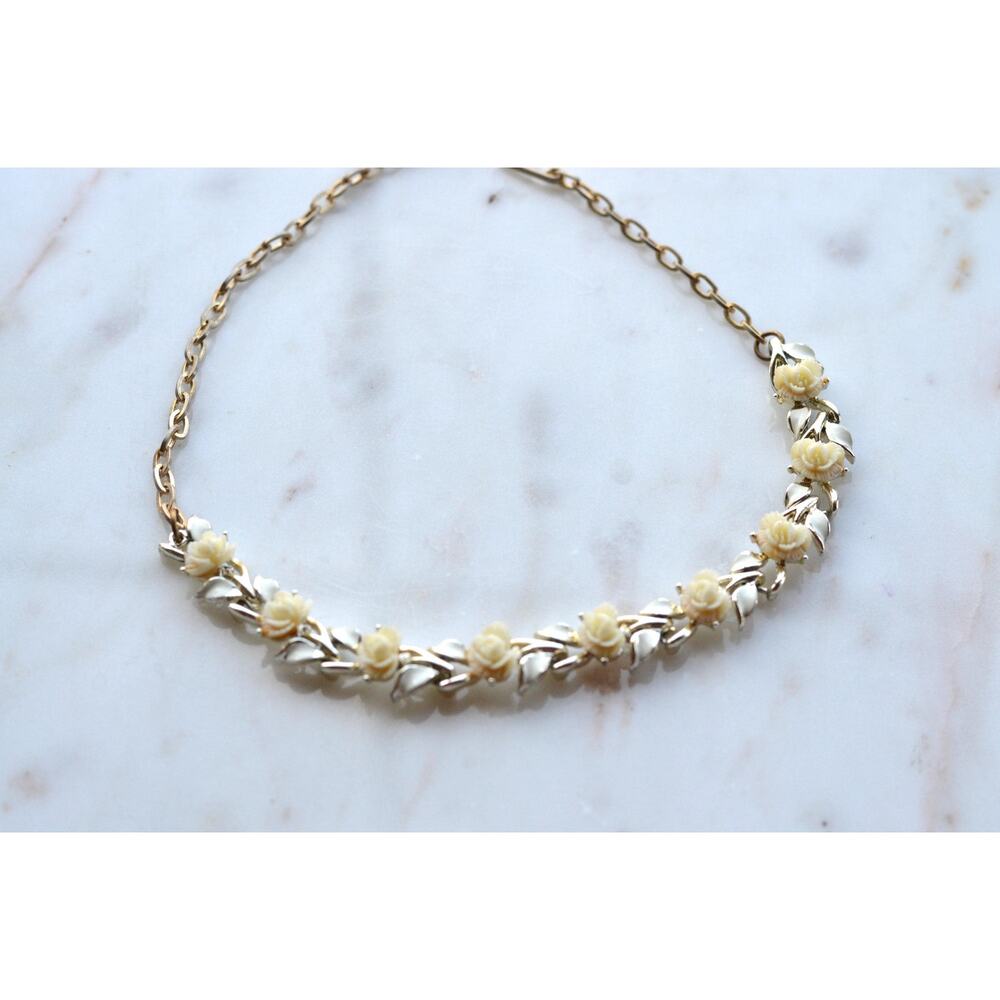 Vintage 1950s Cream Rose & White Enamel Leaf Choker Necklace, Mid-Century